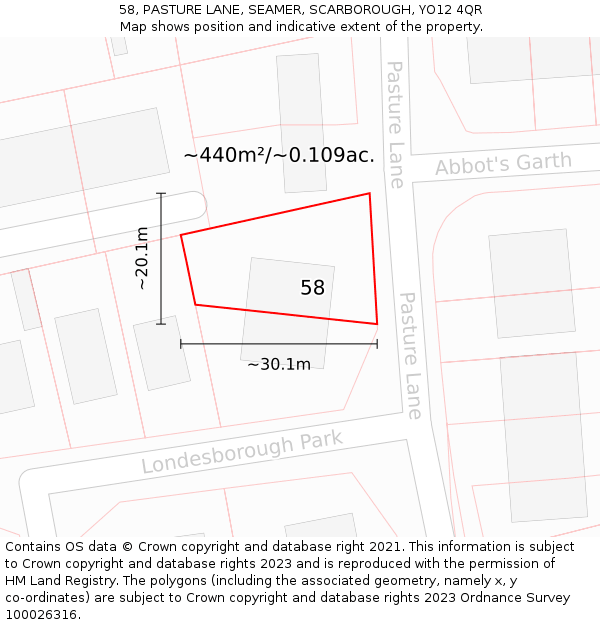 58, PASTURE LANE, SEAMER, SCARBOROUGH, YO12 4QR: Plot and title map