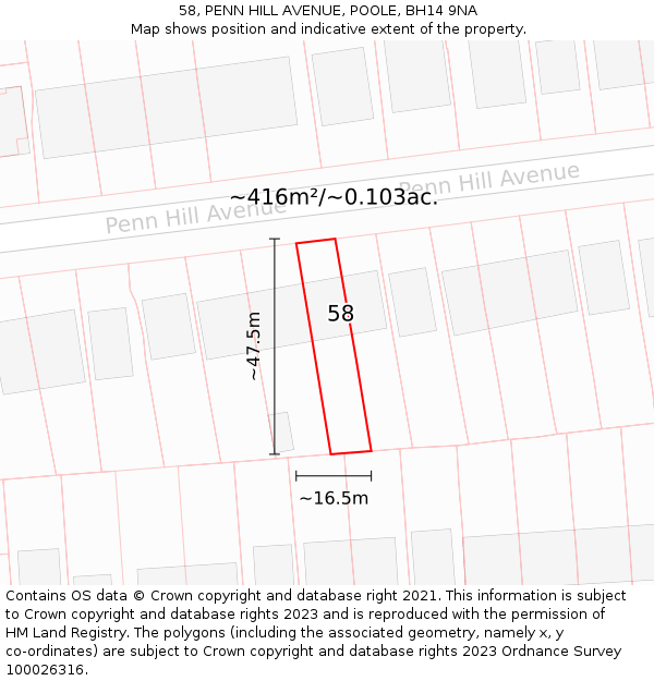 58, PENN HILL AVENUE, POOLE, BH14 9NA: Plot and title map