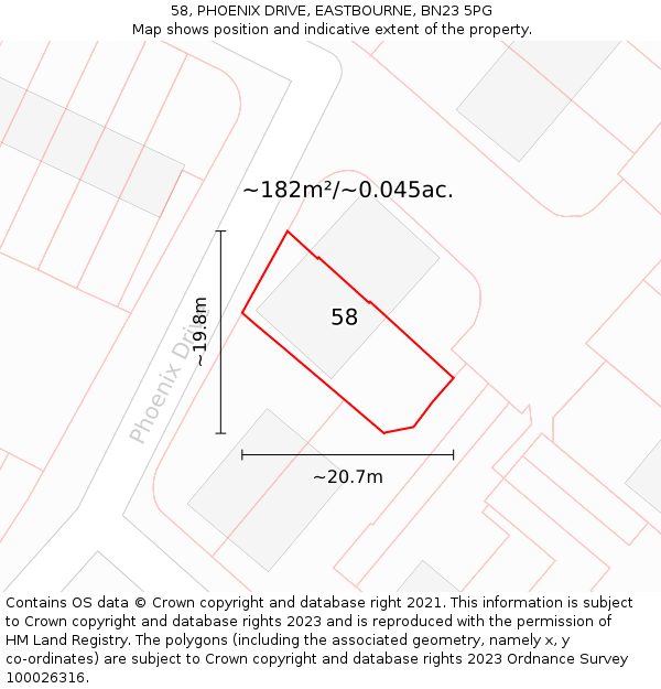 58, PHOENIX DRIVE, EASTBOURNE, BN23 5PG: Plot and title map