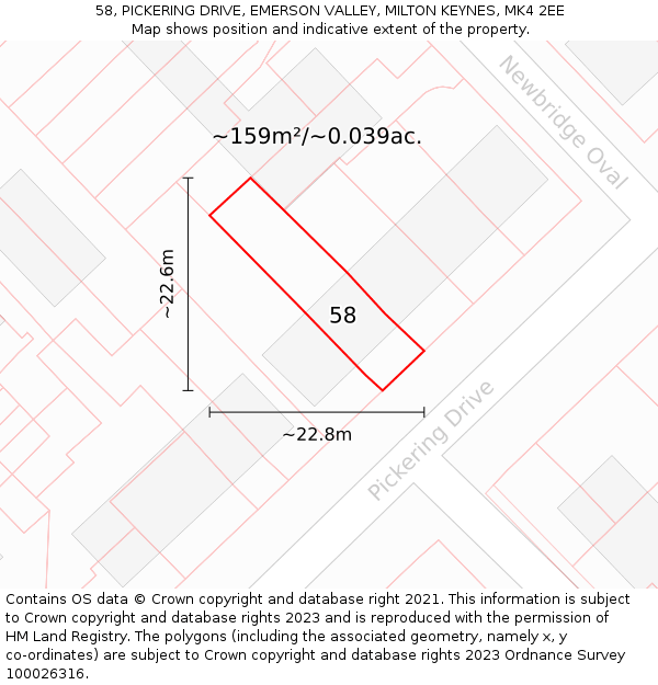 58, PICKERING DRIVE, EMERSON VALLEY, MILTON KEYNES, MK4 2EE: Plot and title map