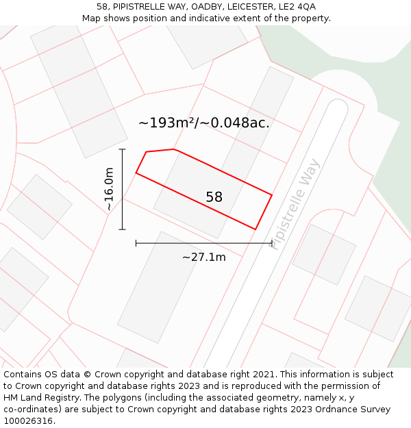 58, PIPISTRELLE WAY, OADBY, LEICESTER, LE2 4QA: Plot and title map