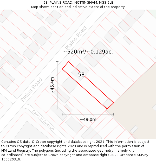 58, PLAINS ROAD, NOTTINGHAM, NG3 5LE: Plot and title map