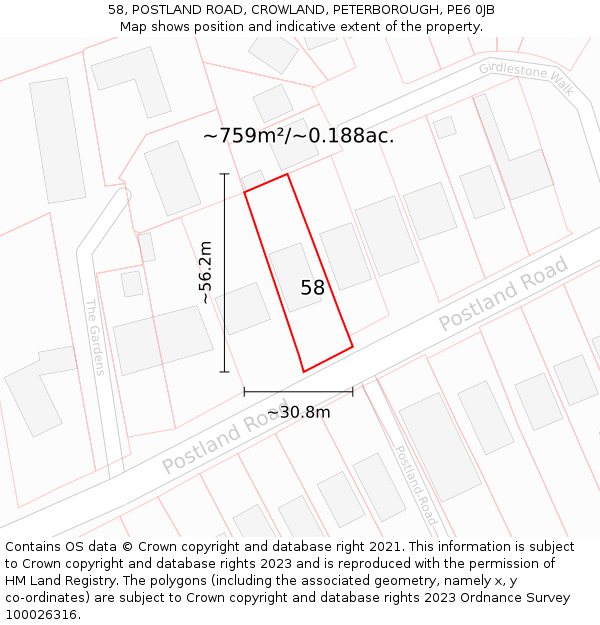 58, POSTLAND ROAD, CROWLAND, PETERBOROUGH, PE6 0JB: Plot and title map