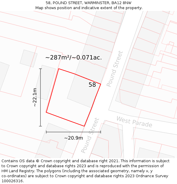 58, POUND STREET, WARMINSTER, BA12 8NW: Plot and title map