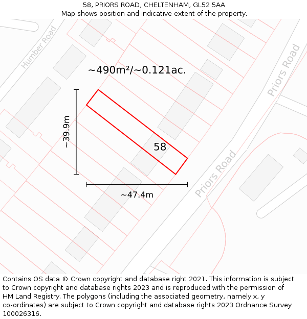 58, PRIORS ROAD, CHELTENHAM, GL52 5AA: Plot and title map