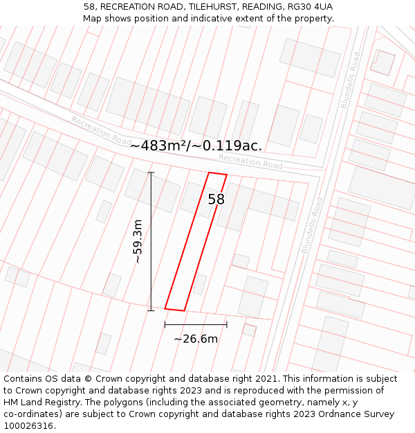 58, RECREATION ROAD, TILEHURST, READING, RG30 4UA: Plot and title map