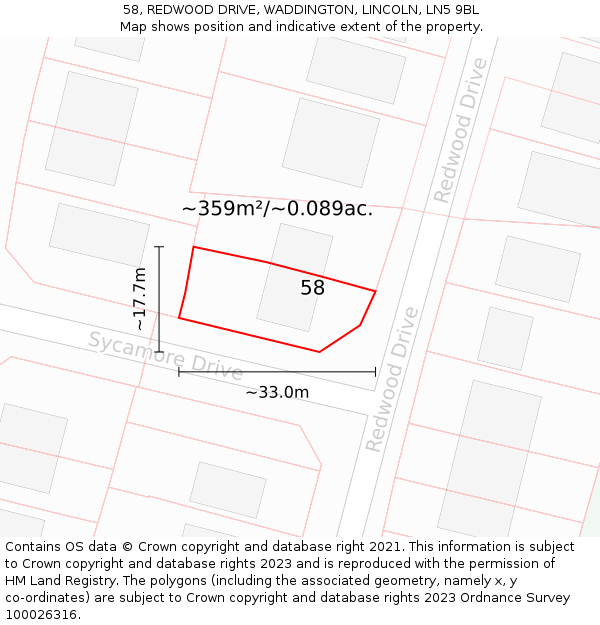 58, REDWOOD DRIVE, WADDINGTON, LINCOLN, LN5 9BL: Plot and title map