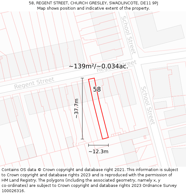 58, REGENT STREET, CHURCH GRESLEY, SWADLINCOTE, DE11 9PJ: Plot and title map