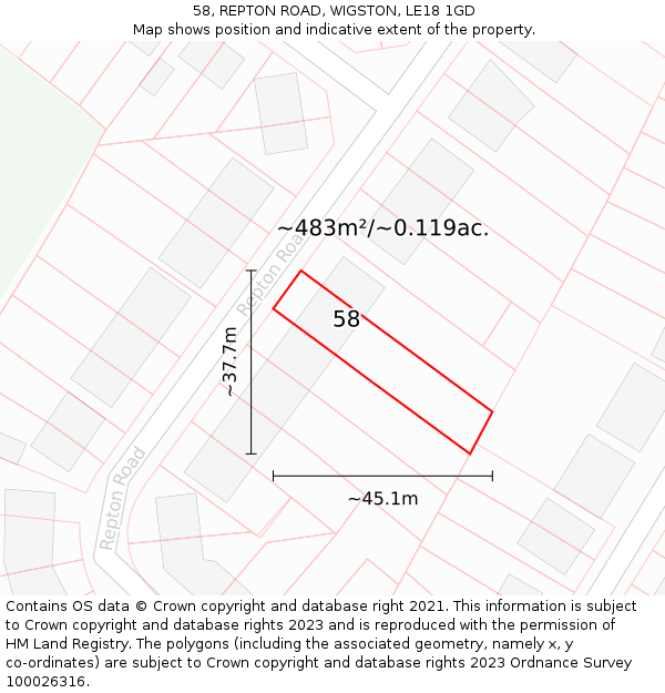 58, REPTON ROAD, WIGSTON, LE18 1GD: Plot and title map