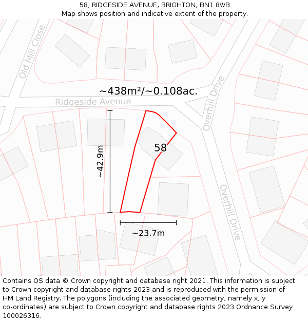 58, RIDGESIDE AVENUE, BRIGHTON, BN1 8WB: Plot and title map