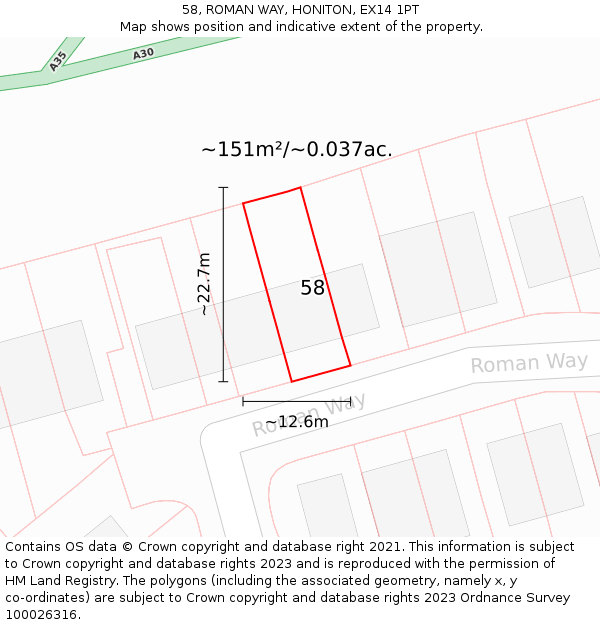 58, ROMAN WAY, HONITON, EX14 1PT: Plot and title map