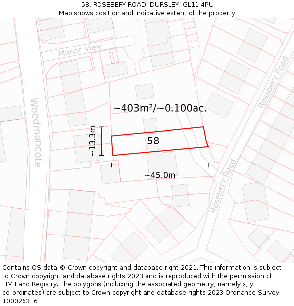 58, ROSEBERY ROAD, DURSLEY, GL11 4PU: Plot and title map