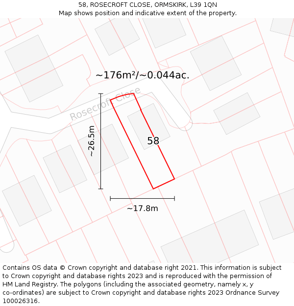 58, ROSECROFT CLOSE, ORMSKIRK, L39 1QN: Plot and title map