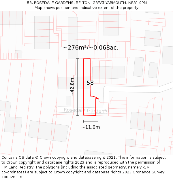 58, ROSEDALE GARDENS, BELTON, GREAT YARMOUTH, NR31 9PN: Plot and title map