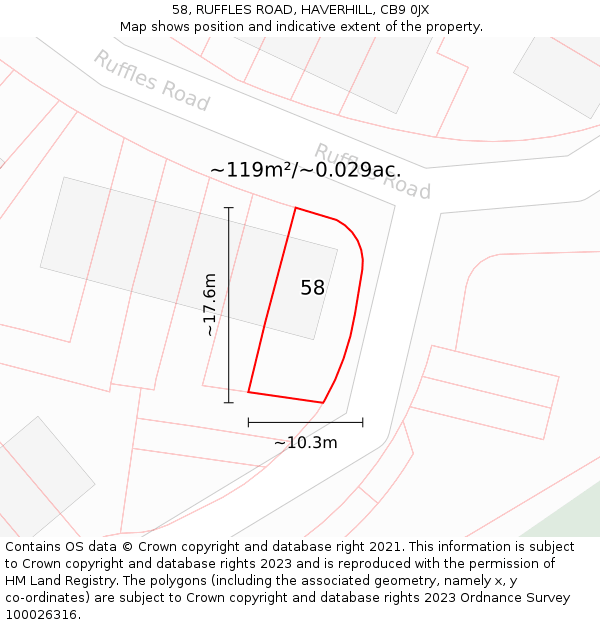 58, RUFFLES ROAD, HAVERHILL, CB9 0JX: Plot and title map