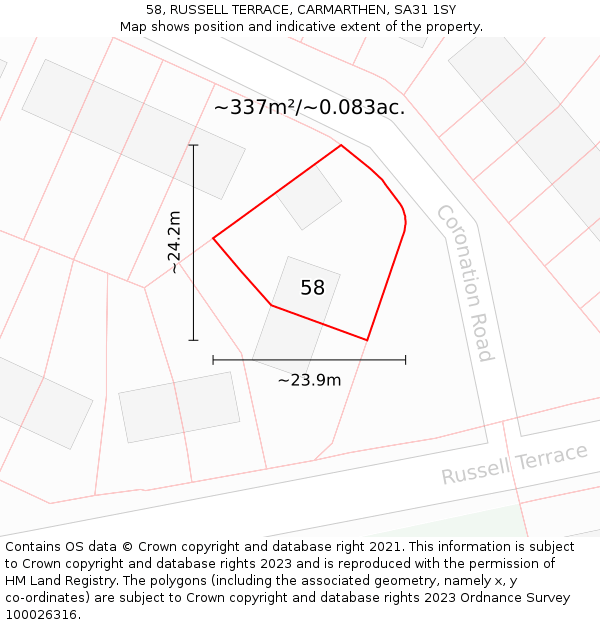 58, RUSSELL TERRACE, CARMARTHEN, SA31 1SY: Plot and title map