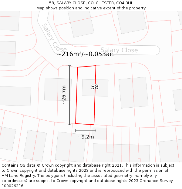 58, SALARY CLOSE, COLCHESTER, CO4 3HL: Plot and title map