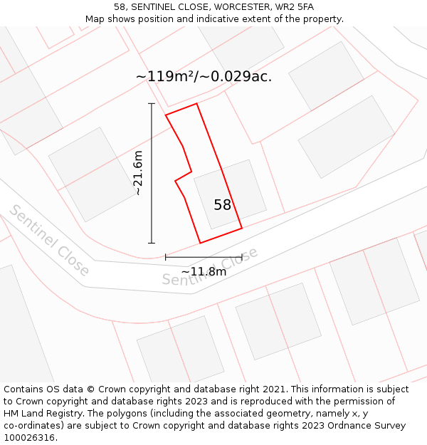 58, SENTINEL CLOSE, WORCESTER, WR2 5FA: Plot and title map