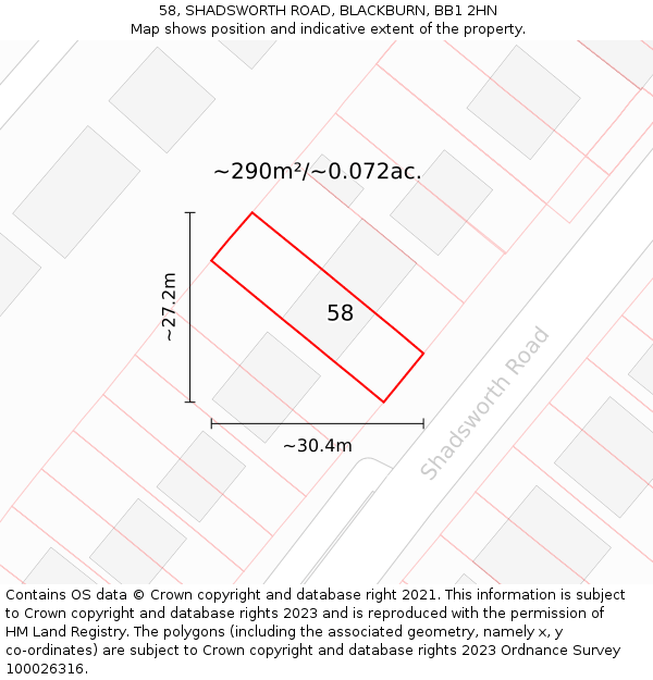 58, SHADSWORTH ROAD, BLACKBURN, BB1 2HN: Plot and title map