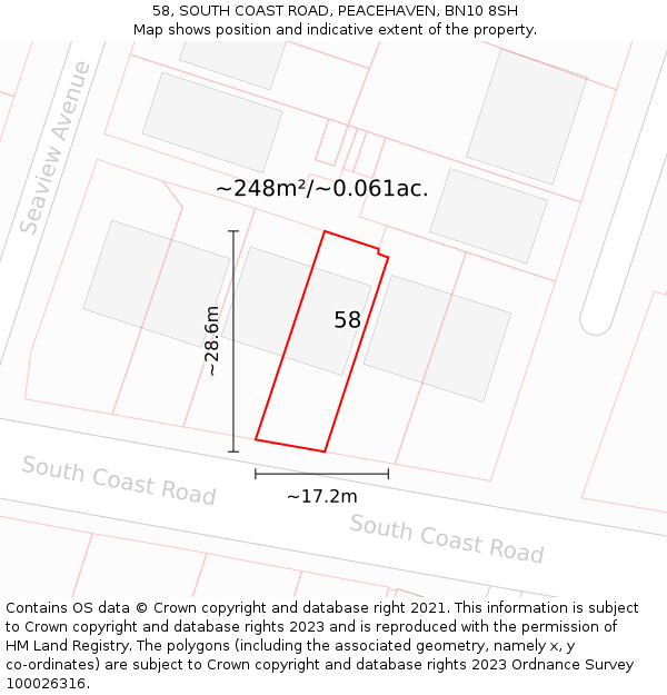 58, SOUTH COAST ROAD, PEACEHAVEN, BN10 8SH: Plot and title map