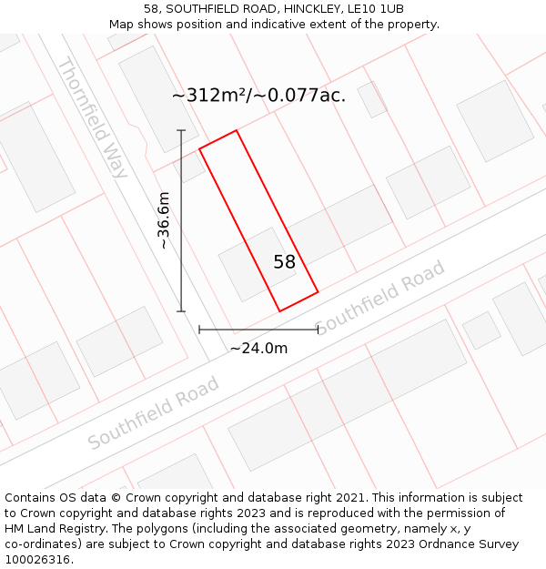 58, SOUTHFIELD ROAD, HINCKLEY, LE10 1UB: Plot and title map