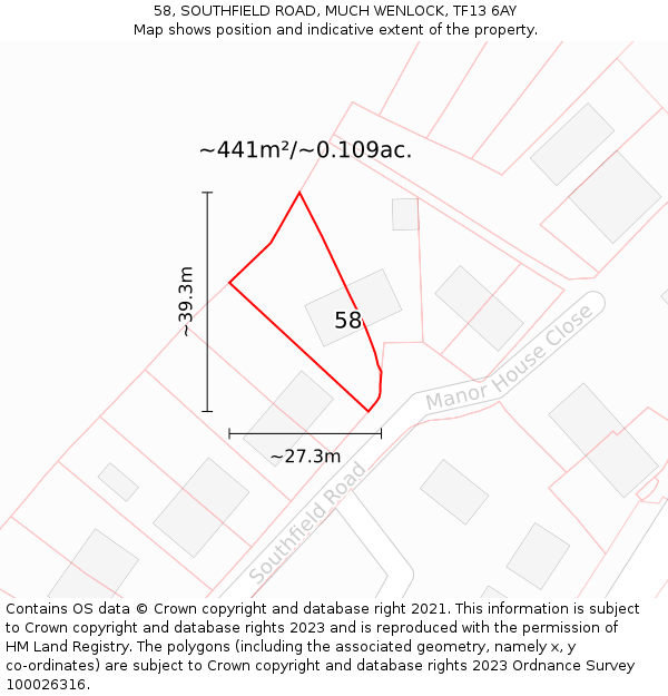 58, SOUTHFIELD ROAD, MUCH WENLOCK, TF13 6AY: Plot and title map