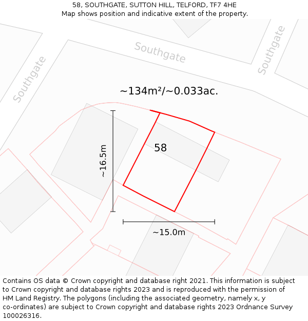 58, SOUTHGATE, SUTTON HILL, TELFORD, TF7 4HE: Plot and title map