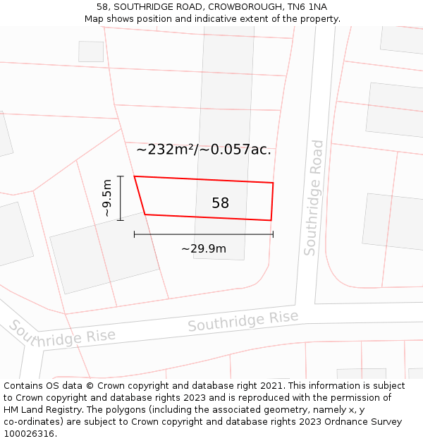 58, SOUTHRIDGE ROAD, CROWBOROUGH, TN6 1NA: Plot and title map