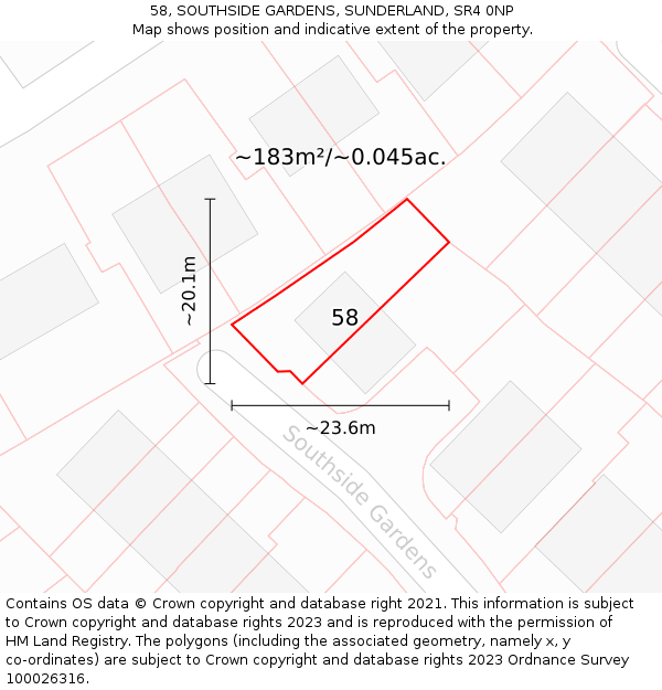 58, SOUTHSIDE GARDENS, SUNDERLAND, SR4 0NP: Plot and title map