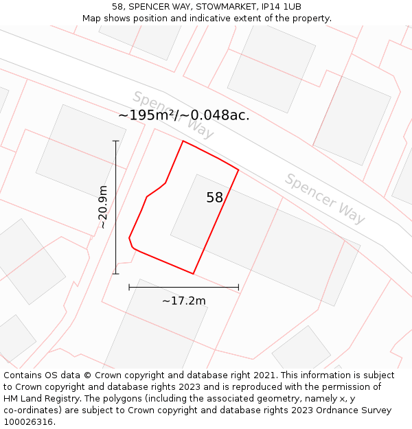 58, SPENCER WAY, STOWMARKET, IP14 1UB: Plot and title map