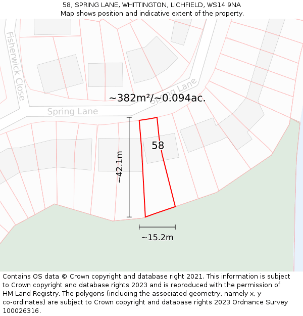 58, SPRING LANE, WHITTINGTON, LICHFIELD, WS14 9NA: Plot and title map