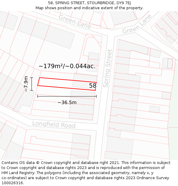 58, SPRING STREET, STOURBRIDGE, DY9 7EJ: Plot and title map