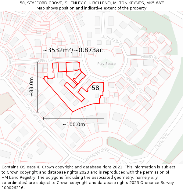 58, STAFFORD GROVE, SHENLEY CHURCH END, MILTON KEYNES, MK5 6AZ: Plot and title map