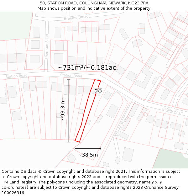 58, STATION ROAD, COLLINGHAM, NEWARK, NG23 7RA: Plot and title map