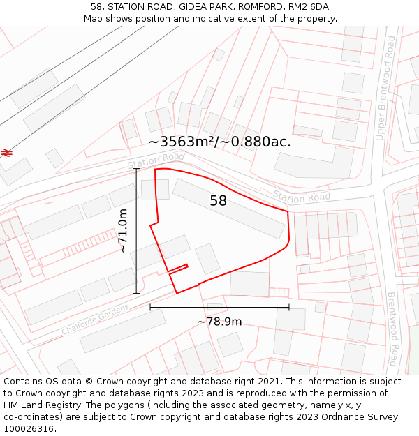 58, STATION ROAD, GIDEA PARK, ROMFORD, RM2 6DA: Plot and title map