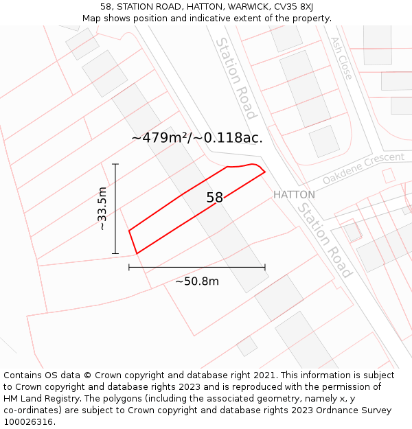 58, STATION ROAD, HATTON, WARWICK, CV35 8XJ: Plot and title map