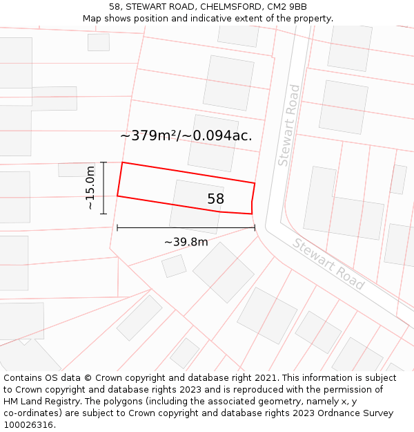 58, STEWART ROAD, CHELMSFORD, CM2 9BB: Plot and title map