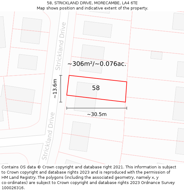 58, STRICKLAND DRIVE, MORECAMBE, LA4 6TE: Plot and title map