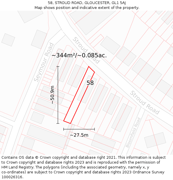 58, STROUD ROAD, GLOUCESTER, GL1 5AJ: Plot and title map