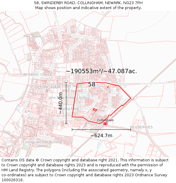 58, SWINDERBY ROAD, COLLINGHAM, NEWARK, NG23 7PH: Plot and title map