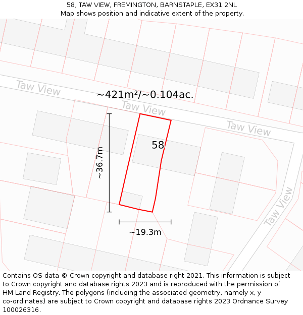 58, TAW VIEW, FREMINGTON, BARNSTAPLE, EX31 2NL: Plot and title map