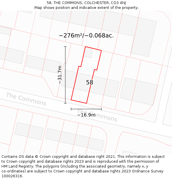 58, THE COMMONS, COLCHESTER, CO3 4NJ: Plot and title map