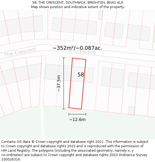 58, THE CRESCENT, SOUTHWICK, BRIGHTON, BN42 4LA: Plot and title map