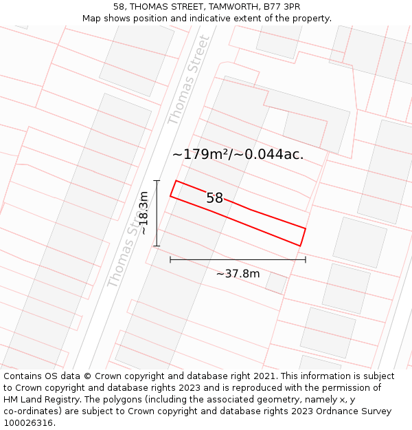 58, THOMAS STREET, TAMWORTH, B77 3PR: Plot and title map