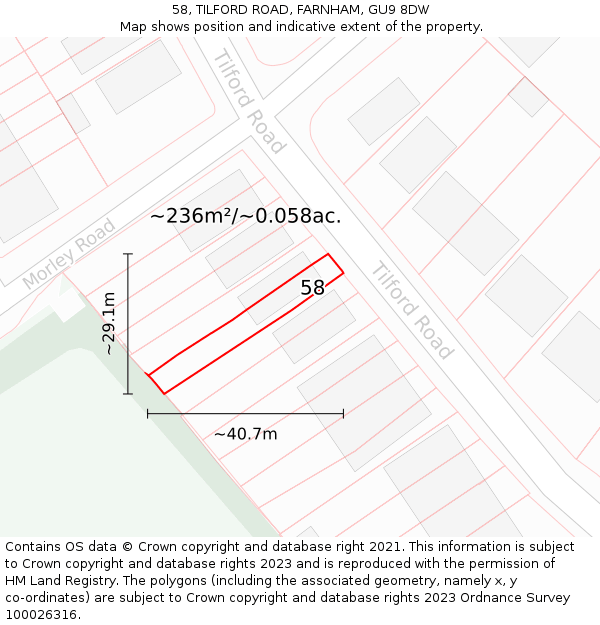 58, TILFORD ROAD, FARNHAM, GU9 8DW: Plot and title map