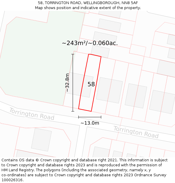 58, TORRINGTON ROAD, WELLINGBOROUGH, NN8 5AF: Plot and title map