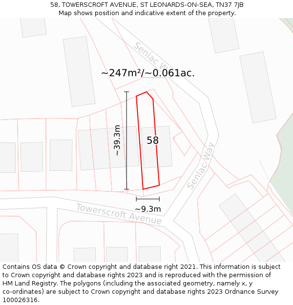 58, TOWERSCROFT AVENUE, ST LEONARDS-ON-SEA, TN37 7JB: Plot and title map