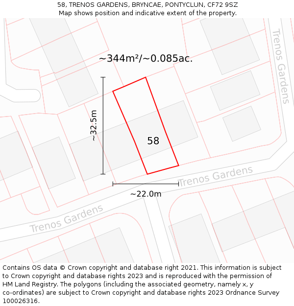 58, TRENOS GARDENS, BRYNCAE, PONTYCLUN, CF72 9SZ: Plot and title map