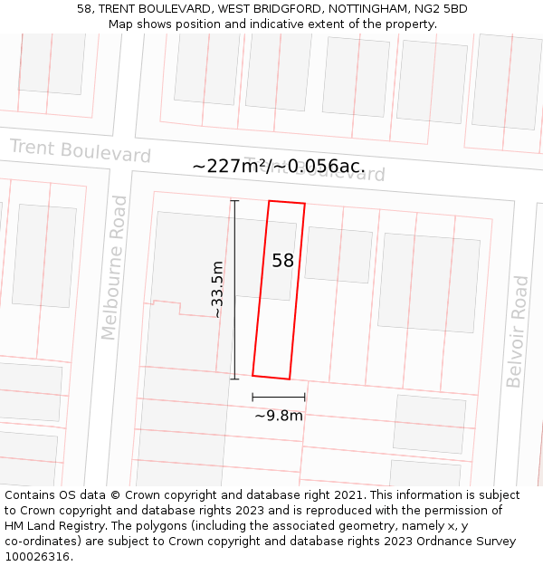 58, TRENT BOULEVARD, WEST BRIDGFORD, NOTTINGHAM, NG2 5BD: Plot and title map