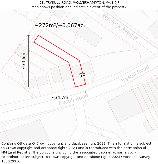 58, TRYSULL ROAD, WOLVERHAMPTON, WV3 7JF: Plot and title map